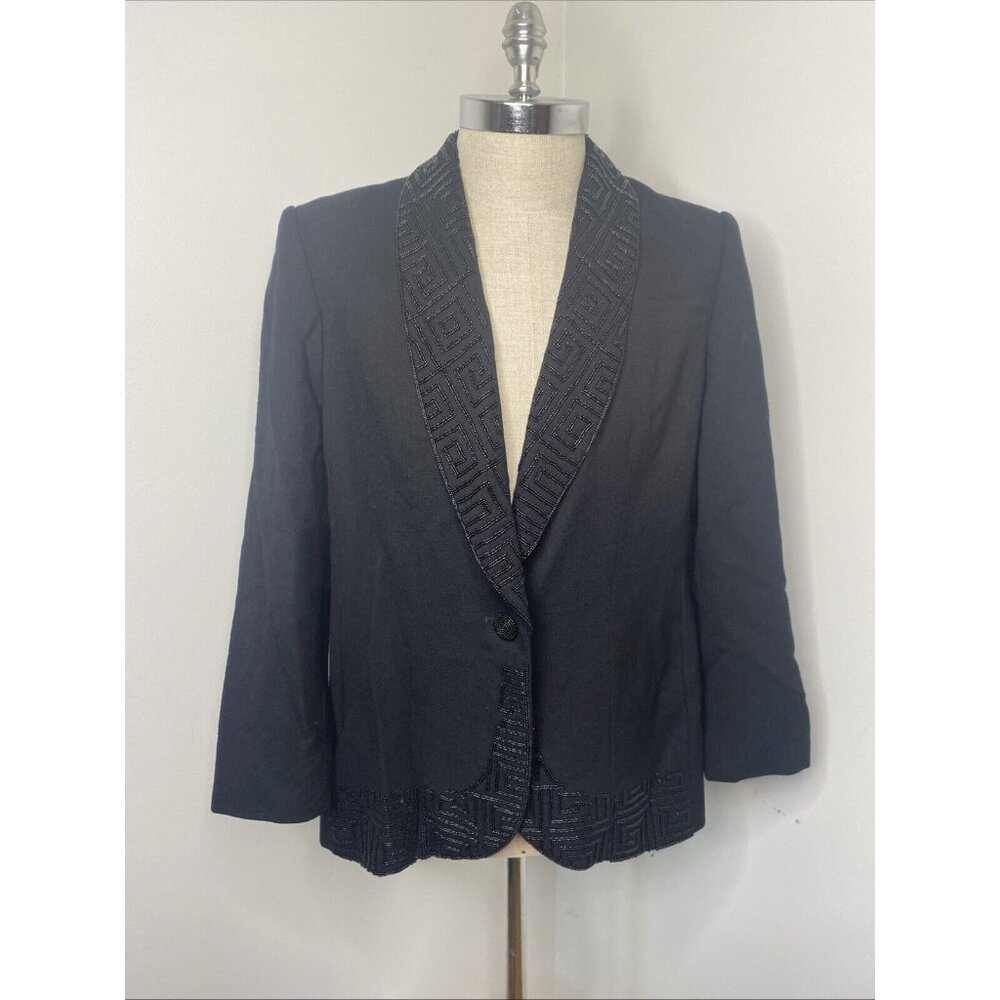 John Meyer Black Beaded Blazer Sz 12 Jacket Wool Evening Suit Jacket Pockets